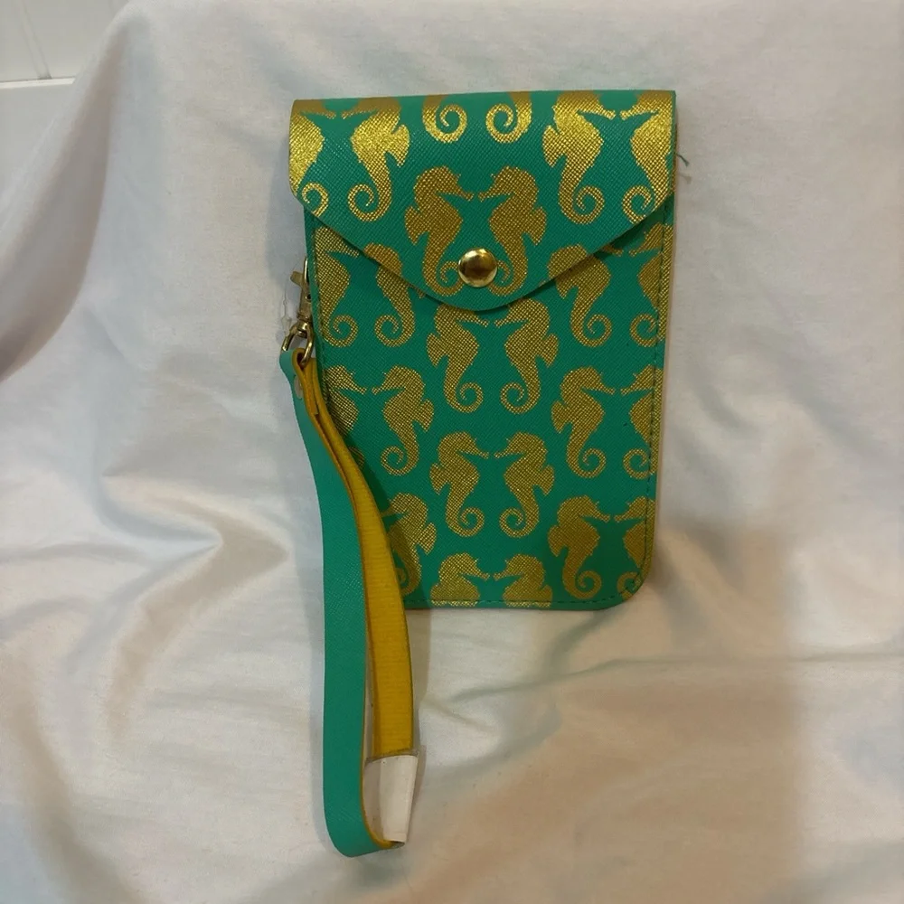 Top It Off Seahorse Wristlet Phone Pouch Turquoise Gold Lilly Pulitzer style